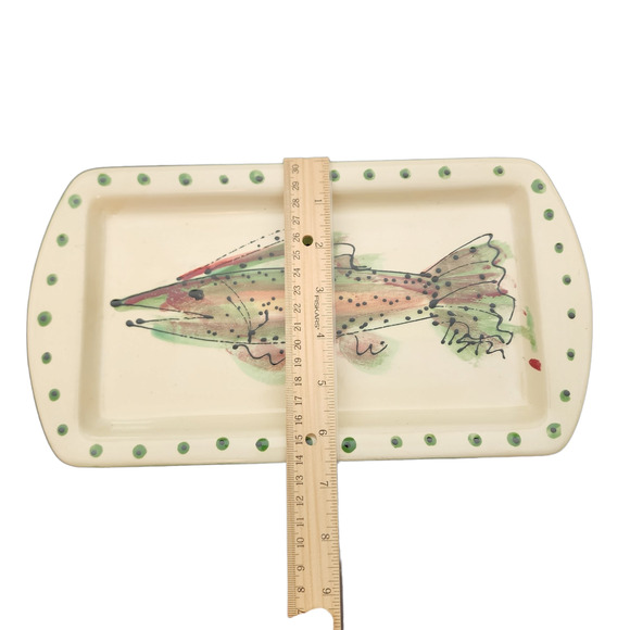 Liston Fish Platter Plate Small Signed 2003 12" x 9.5" Beige Pink Green Handmade - Picture 6 of 9
